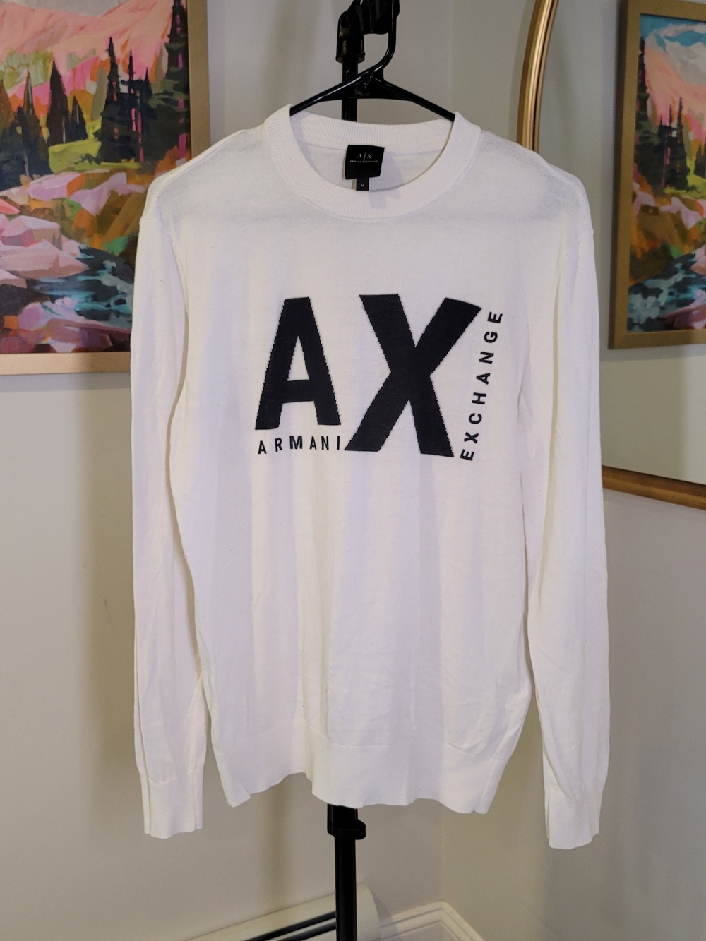 ARMANI EXCHANGE White Sweater with Black Logo Crewneck Preppy Men's Size M
